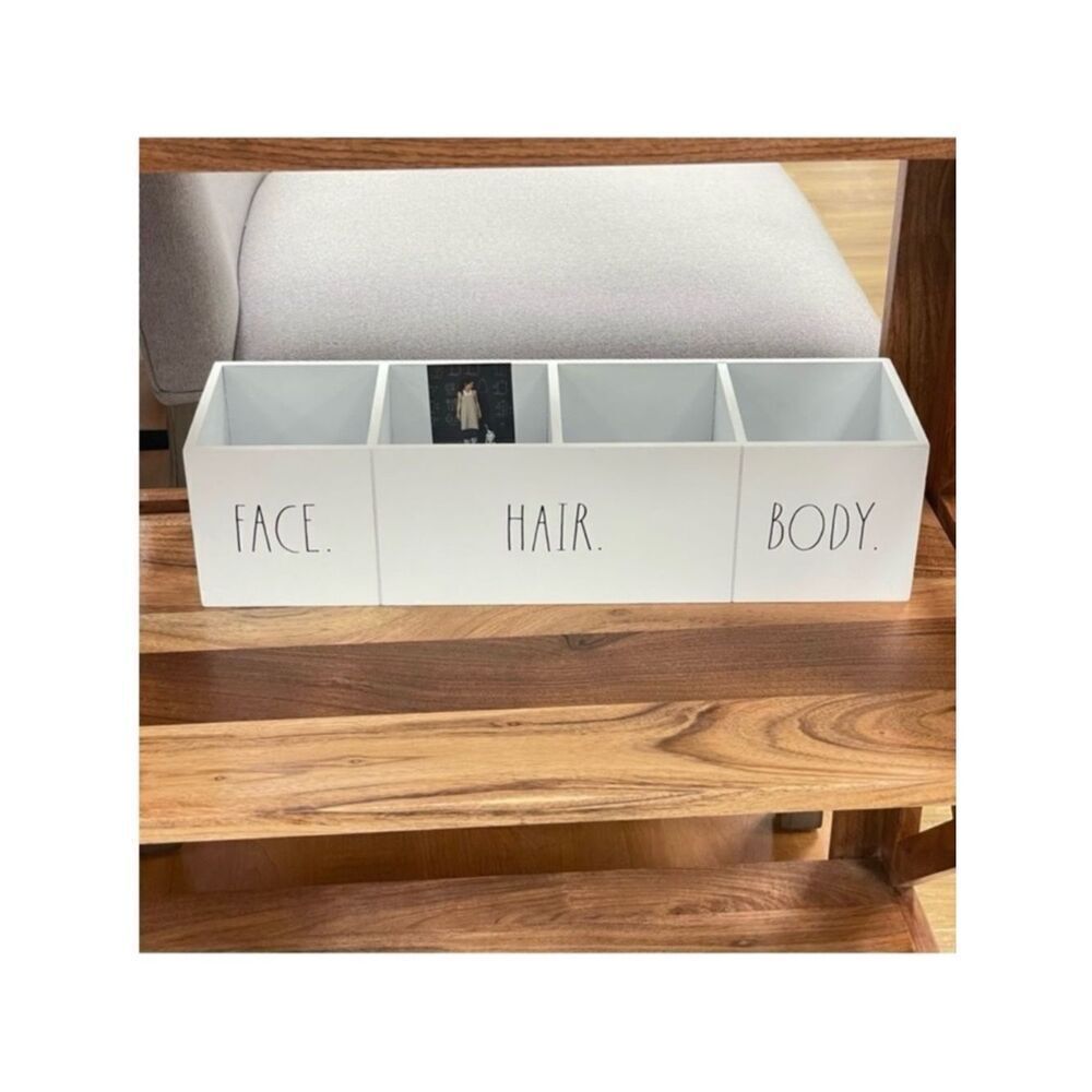 NWT Rae dunn Gorgeous White Wood Black face hair body 4 Compartments organizer